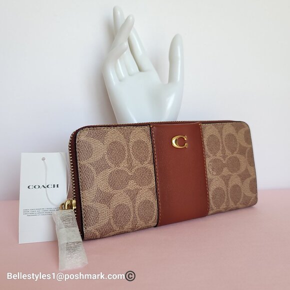 COACH Slim Accordion Zip Wallet In Signature Canvas with Back Slip Pocket- Tan R - Picture 2 of 16